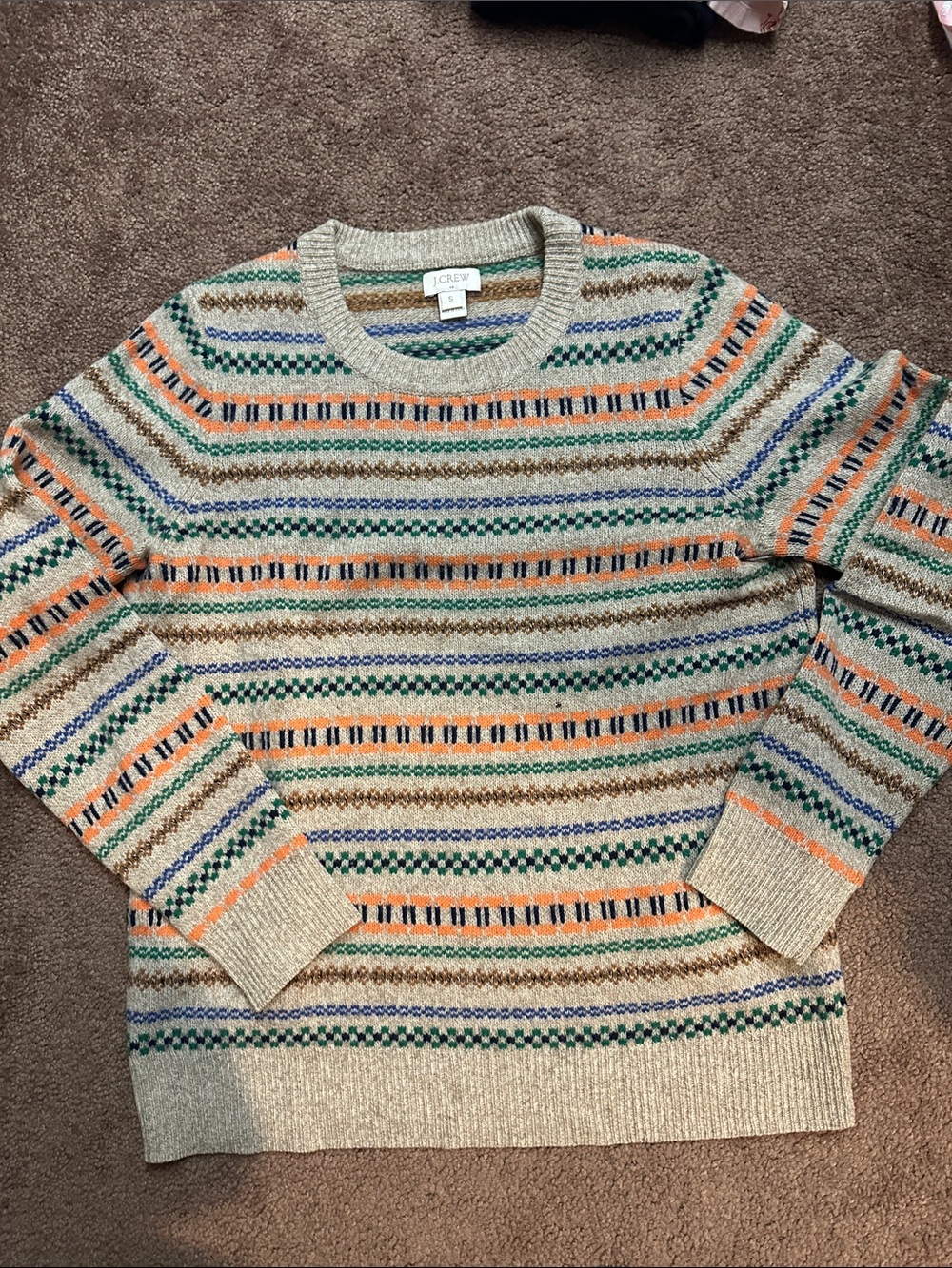 J. Crew Beige Crewneck Sweater with Green, Orange & Blue Stripes